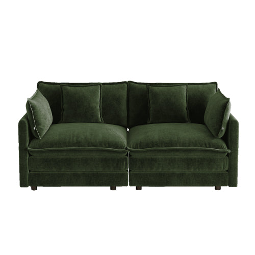 Green Chenille 2-Seat Deep-Seat Modular Sofa with Armrest & Toss Pillows for Living-Room Bedroom Club