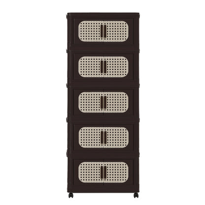 Retro Brown 20 Inch Five-Tier Folding Plastic Storage Cabinet Magnetic Door With Universal Moving Wheels