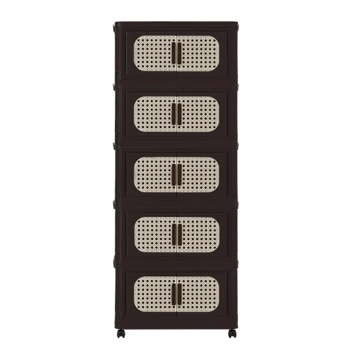 Retro Brown 20 Inch Five-Tier Folding Plastic Storage Cabinet Magnetic Door With Universal Moving Wheels
