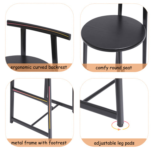 27inch H Barstool Set of 3 Wooden Round Bar Stools with Footrest Modern Kitchen Chairs for Counter (Black & Black)