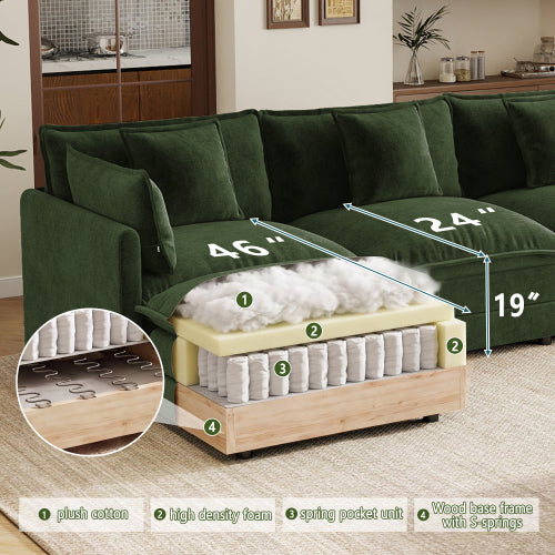 Green Chenille Armless 1-Seat Modular Sofa Unit with Ottoman, Solid-Wood Frame, Assembly-Required
