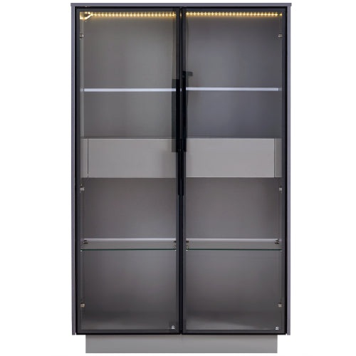 60.6'' Freestanding Grey Glass Door Display Cabinet LED Light Adjustable Shelves Home Storage Cabinet