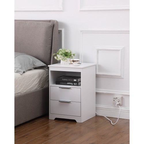 White Wooden Nightstand with Charging Station, 2 Drawers & Open Shelf Modern Side Table