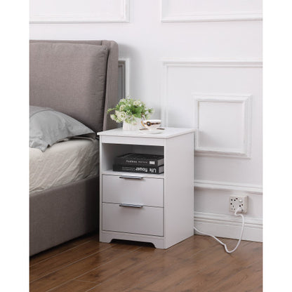 White Wooden Nightstand with Charging Station, 2 Drawers & Open Shelf Modern Side Table