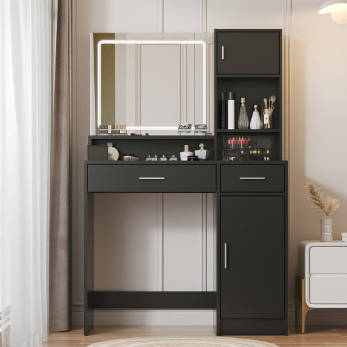 Black Vanity Desk with Mirror & LED Light Strip, Large Drawer, 3-Level Storage Dresser, 3 Lighting Modes, Adjustable Brightness