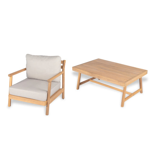 Patio Acacia Wood Chat Set, Club Chair + Coffee Table with Water-resistant Cushion, Teak + Beige