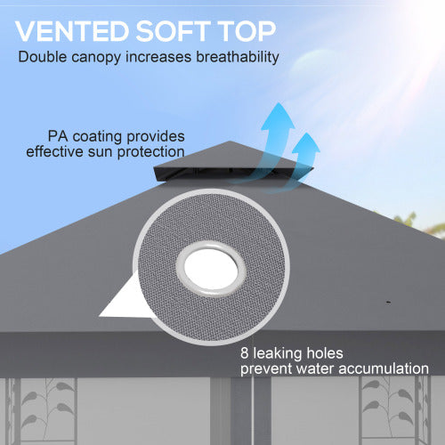 10' x 11.5' Metal Patio Gazebo, Double Roof Outdoor Gazebo Canopy Shelter with Tree Motifs Corner Frame and Netting, for Garden, Lawn, Backyard, and Deck, Gray