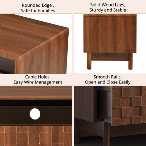 78.7 inch Walnut LED Light Glass Drawer TV Stand Solid Rubber Wood Leg Console Holds 85 inch TV