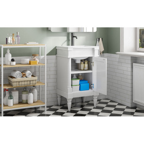 18-Inch Modern Bathroom Vanity with Sink, Modern Bathroom Storage Cabinet with Door, Freestanding Small Space Bathroom Cabinet, Single Sink Cabinet with Adjustable Shelf, White