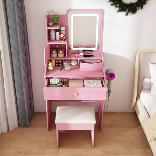 Pink 3-Color LED Vanity Mirror with Stool, 2 Drawers & 5 Storage Cabinets, Charging Station & Hair Dryer Holder