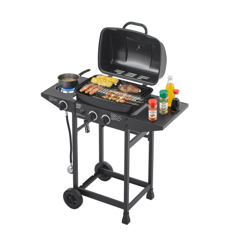 2 Burner BBQ Propane Gas Grill with Side Burner 24000 BTU Output Stainless Steel Barbecue Grill with Enameled Grates and Side Tables for Outdoor Cooking Kitchen and Patio Backyard