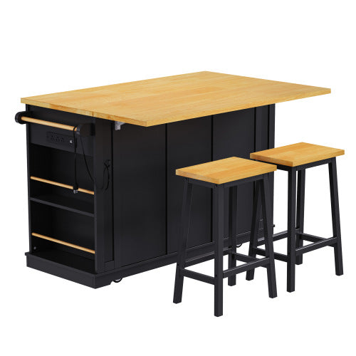 53inch Large Kitchen Island with 2 Bar Stools, Power Outlet,Door Internal Storage Rack, Kitchen Storage Cart on 5 Wheels with Drop Leaf, 5 Open Side Racks, 3 Drawers,Black (Three Packages)