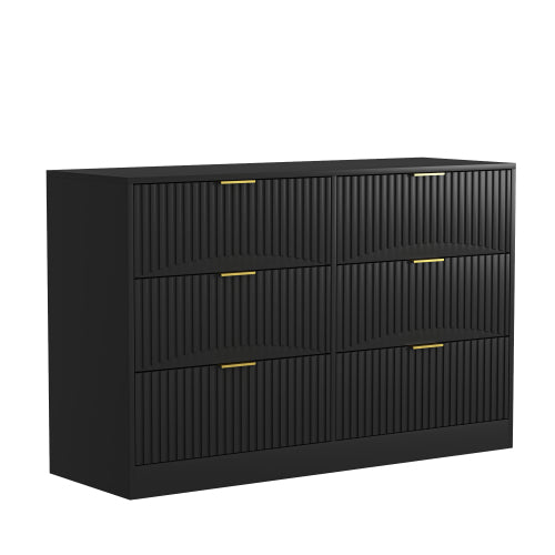 Modern 6-Drawer Dresser, Chest of Drawers for Bedroom, Living Room, Hallway, and Entryway - Large Storage Cabinet, Black,Drawer panel with wavy patterns