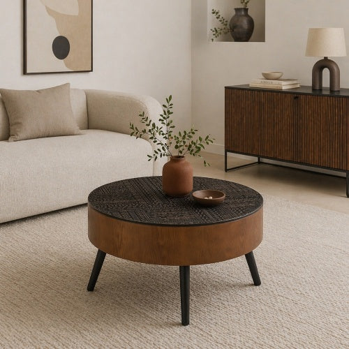 31.5inch  Round Carved Coffee Table, Black & Brown