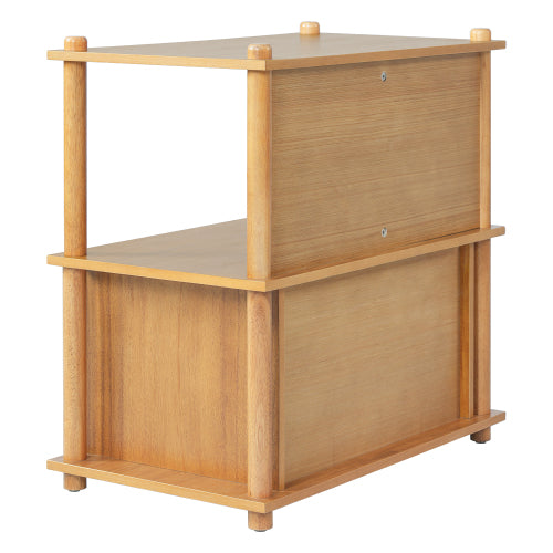 Natural Wood Nightstand, 2 Open Shelves & 2-Door Storage Cabinet Push-to-Open Side Table