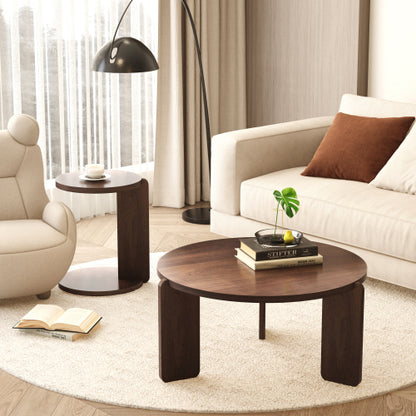 Set of 2 Walnut Veneer Nesting Round Coffee Tables, Water Resistant PU Paint MDF Side Table
