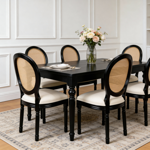 Set of 2 Beige Fabric French Country Rattan Round Back Dining Chairs, Black Solid Wood Frame Disassemblable Chairs