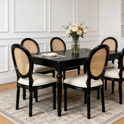 Set of 2 Beige Fabric French Country Rattan Round Back Dining Chairs, Black Solid Wood Frame Disassemblable Chairs