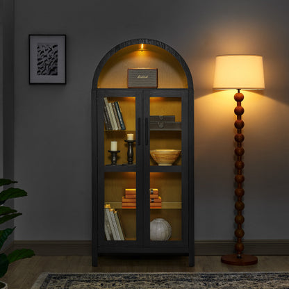 Black High Arched LED Light Storage Cabinet MDF Poplar Wood Adjustable Glass Partition Multi-Functional Home Display Cabinet