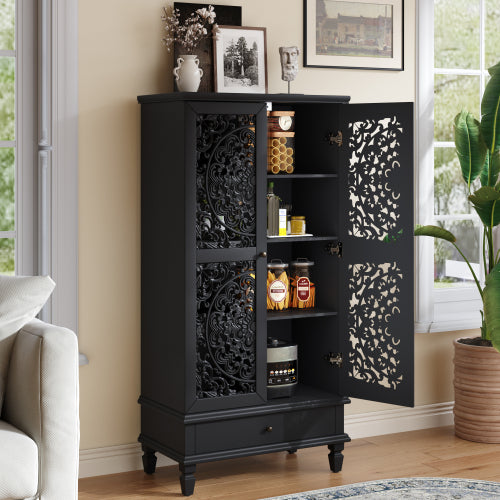 55 Inch Rustic Storage Cabinet with Drawer Carved Doors Black Accent Cabinet