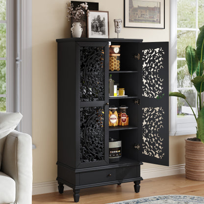 55 Inch Rustic Storage Cabinet with Drawer Carved Doors Black Accent Cabinet