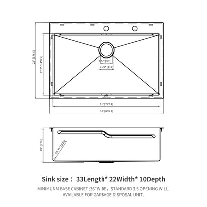 33" Drop in Kitchen Sink - 33 x 22 x 10 inch Kitchen Sink Drop-in Topmount Single Bowl 16 Gauge Stainless Steel Ledge Workstation Kitchen Sinks