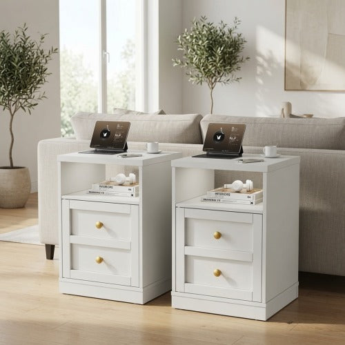 2-Pack White Modern Nightstand, Faux Drawer Design with Cabinet & Open Shelf