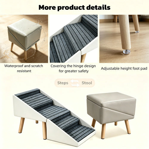 Beige 2-in-1 Foldable 4-Step Dog Ramp Ottoman 18.89 inch, Foldable Foot Stool for Small Dogs