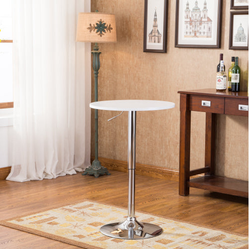 White Adjustable Height Wood and Chrome Metal Bar Table and 2 Chrome Air Lift Adjustable Swivel Stools Set