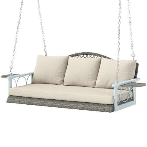 Outdoor Patio Porch Swing Bench with Cup Holders, Cushions 3 Person Wicker Hanging