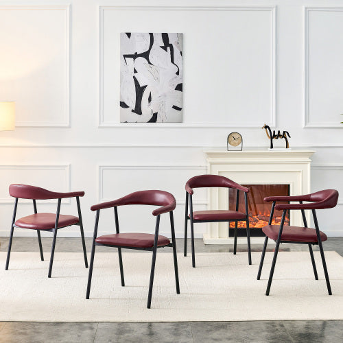 PU Leather Dining Chairs with Black Metal Legs, Set of 4, Reddish Brown