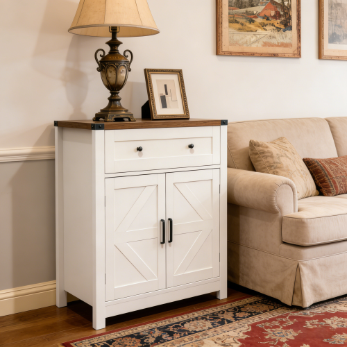 White & Wood-Grain Top Farmhouse Barn-Door Storage Cabinet, Coffee Bar Buffet Sideboard with Drawer for Kitchen & Living Room