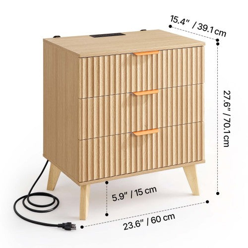 Khaki Mid-Century Fluted Nightstand with Charging Station