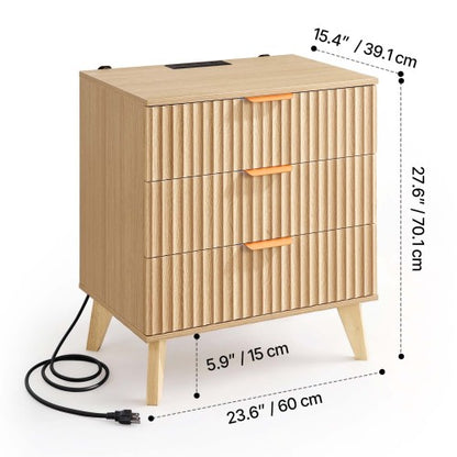 Khaki Mid-Century Fluted Nightstand with Charging Station