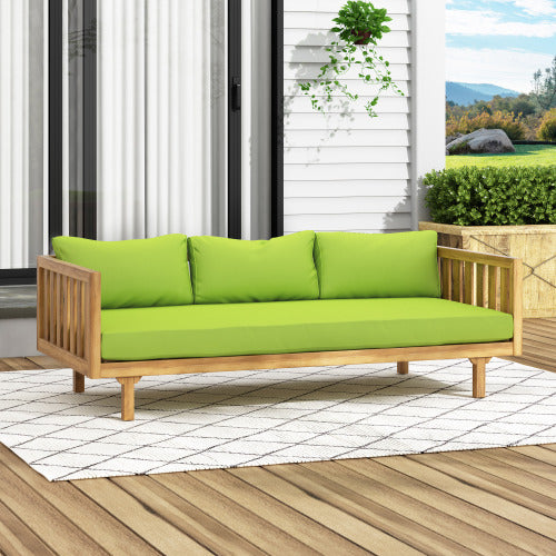 Acacia Wood Patio Furniture Set,Outdoor 3 Seater Daybed(with Water Resistant Thick Cushions)and Round Coffee Table, Green Cushion
