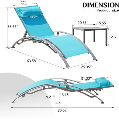 Pool Lounge Chairs Set of 3-Lake Blue (2 Lounge Chairs+1 Table)