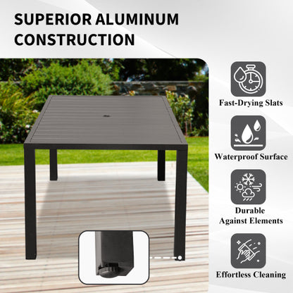 Outdoor Dining Table for 4 Person,Square Slatted Metal Patio Table for Deck Garden Lawn Backyard Use with Umbrella Hole, Brown