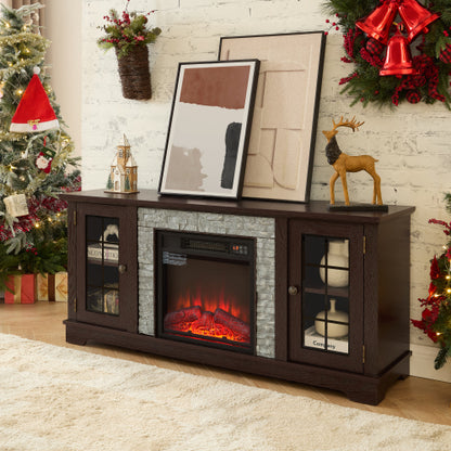 58 Inch White Faux Stone Electric Fireplace TV Stand 18 inch Heater Media Console Fits 65 Inch TV