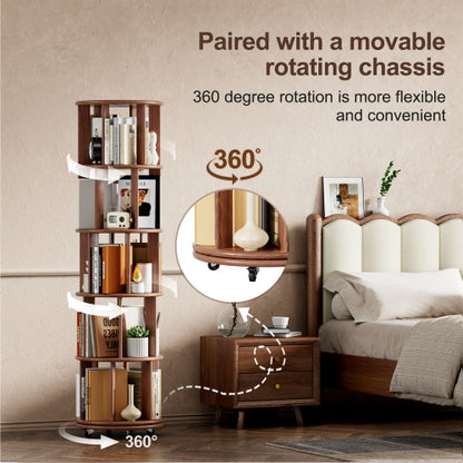 5-Tier Solid Wood Rotating Bookshelf with Wheels Walnut