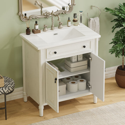 31" Vintage Bathroom Vanity with Sink, Faux Aged Finish, Rustic Bathroom Cabinet with Soft Close Doors and Adjustable Shelf, Curved Profile Design, Rubber Wood Legs, White