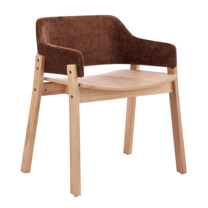Set of 2 Brown Fabric Arm Dining Chairs, Natural Rubberwood Frame Farmhouse Accent Chairs