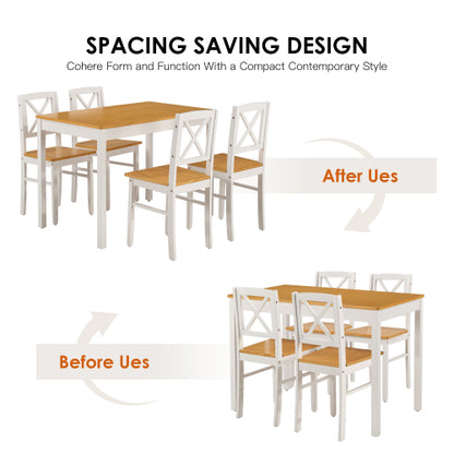 5-Piece Natural White Solid Rubberwood Dining Set, Space-Saving Table & 4 Chairs for Home & Restaurant