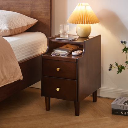 Solid Wood Nightstand with Drawer, Open Shelf and Pull-Out Storage Panel