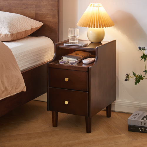 Solid Wood Nightstand with Drawer, Open Shelf and Pull-Out Storage Panel