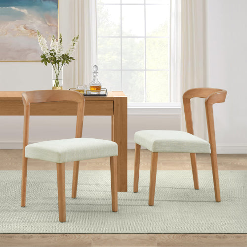 Open Back Rubberwood Dining Chairs with Upholstered Seats, Set of 2, Natural/Beige
