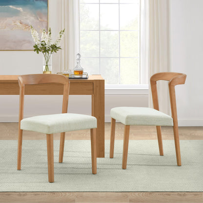 Open Back Rubberwood Dining Chairs with Upholstered Seats, Set of 2, Natural/Beige