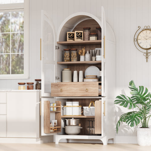 71inch  Arched Kitchen Pantry Cabinet with Glass Doors White