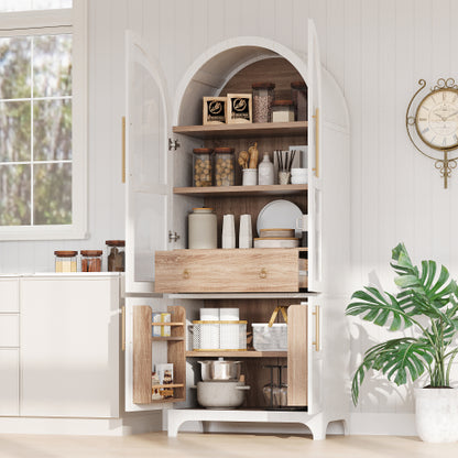 71inch  Arched Kitchen Pantry Cabinet with Glass Doors White