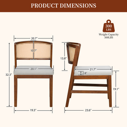 Rattan Dining Chairs Set of 2, Upholstered Kitchen Side Chairs with Curved Cane Back & Rubber Wood Frame