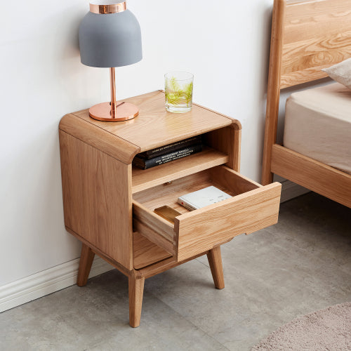 Solid Oak Nightstand, Nordic Style Open Compartment Bedside Table with Cable Hole & Rounded Edge